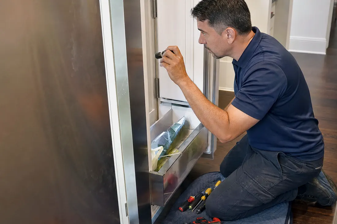 Technician checking inside an open built-in refrigerator with a flashlight, the glass shelves inside in frame - Sub-Zero Door Will Not Open? The Vacuum Seal, Explained