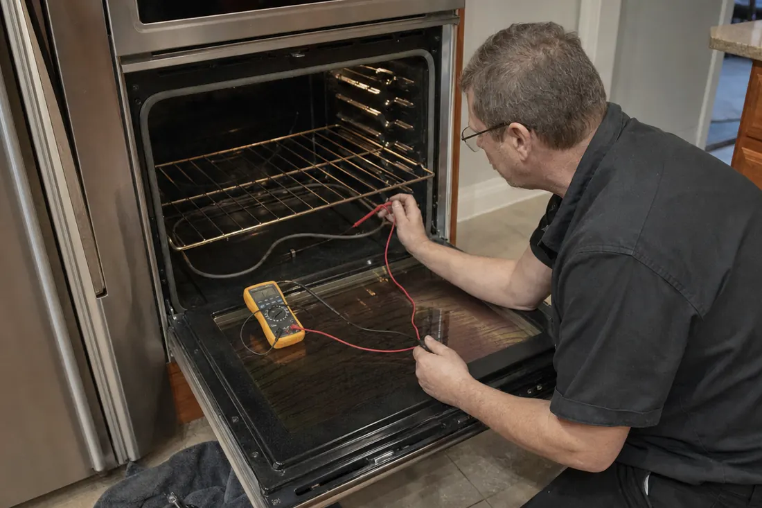 Technician testing the bake element of an open double wall oven with a multimeter - Power Surges and Appliance Control Boards in Northeast