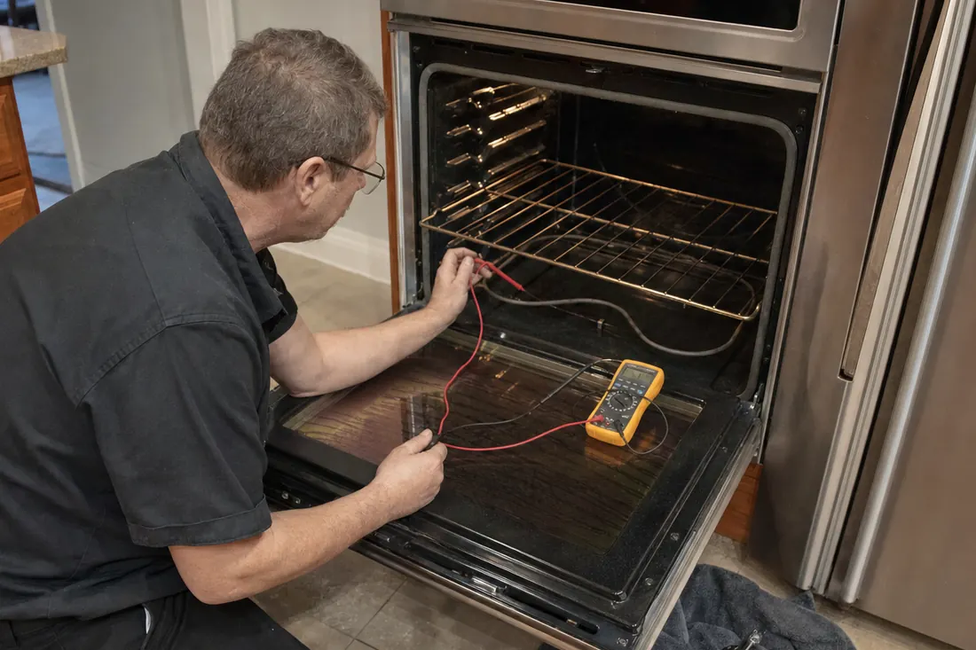 Technician testing the bake element of an open double wall oven with a multimeter, the open lower door in frame - Sub-Zero and luxury appliance repair in Fruit Cove